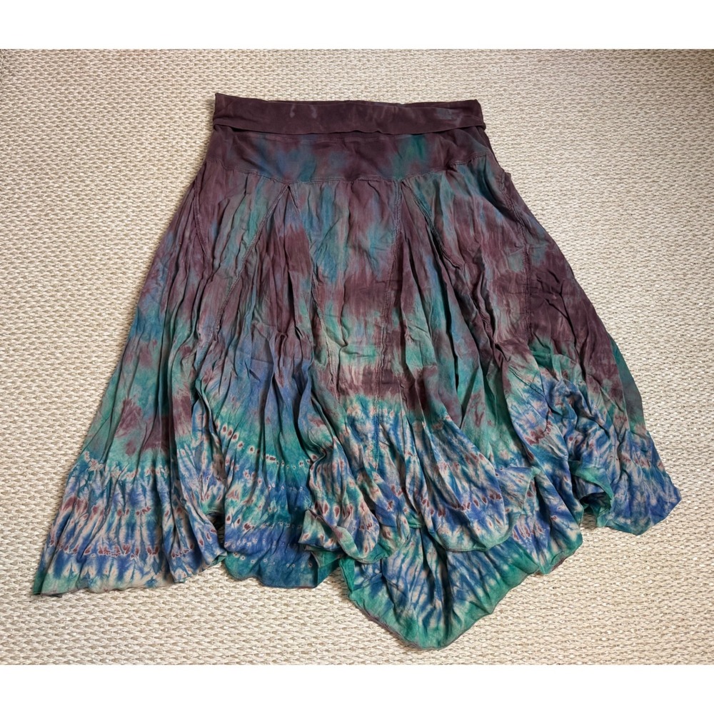 Solitaire Tie Dye Cotton Maxi Skirt Purple Teal Blue Boho 2X Handkerchief Hem